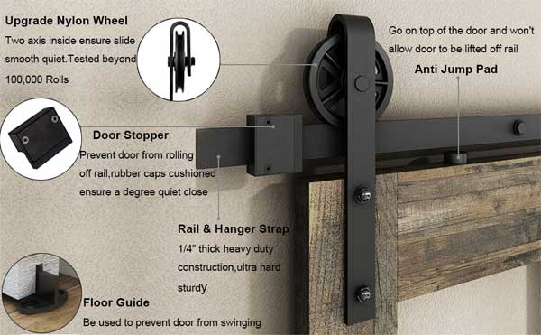 Barn Door Hardware Features: Rail/Track, Heavy Duty Wheel, Door Stopper, Floor Guide