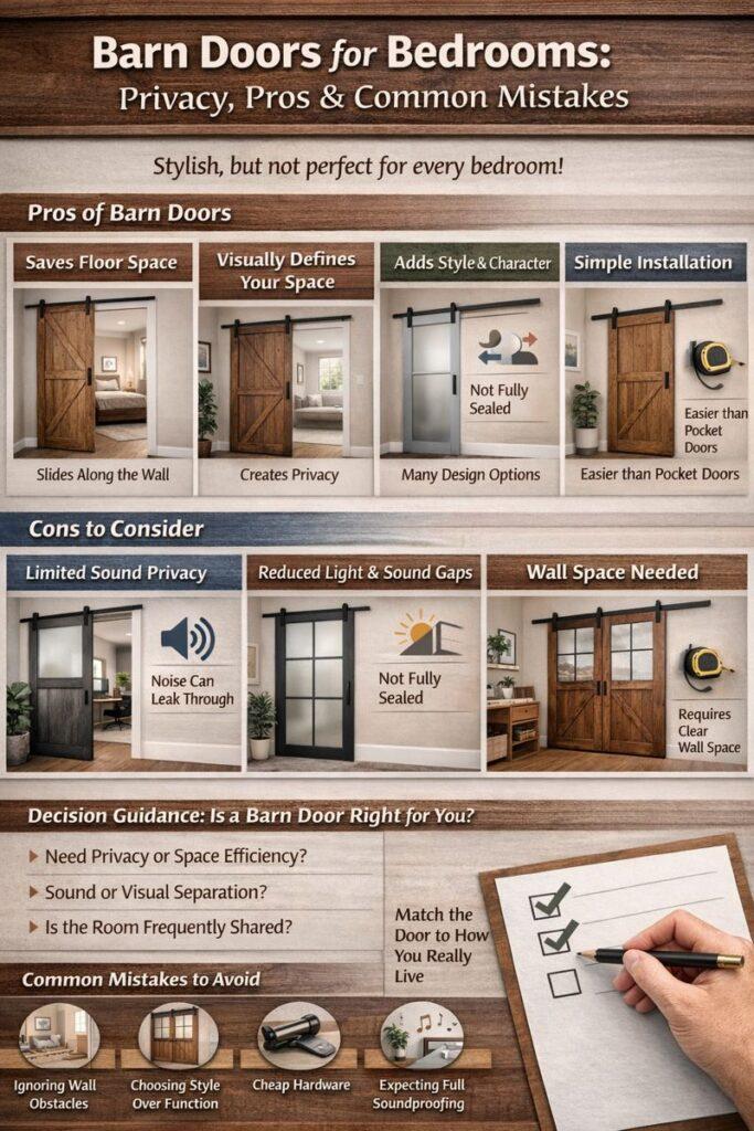 Infographic Explaining Barn Doors for Bedrooms - Advantages, Disadvantages, Installation Tips