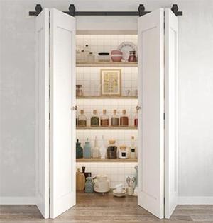 White Bifold Pantry Barn Doors for Compact Kitchens or Tight Corners