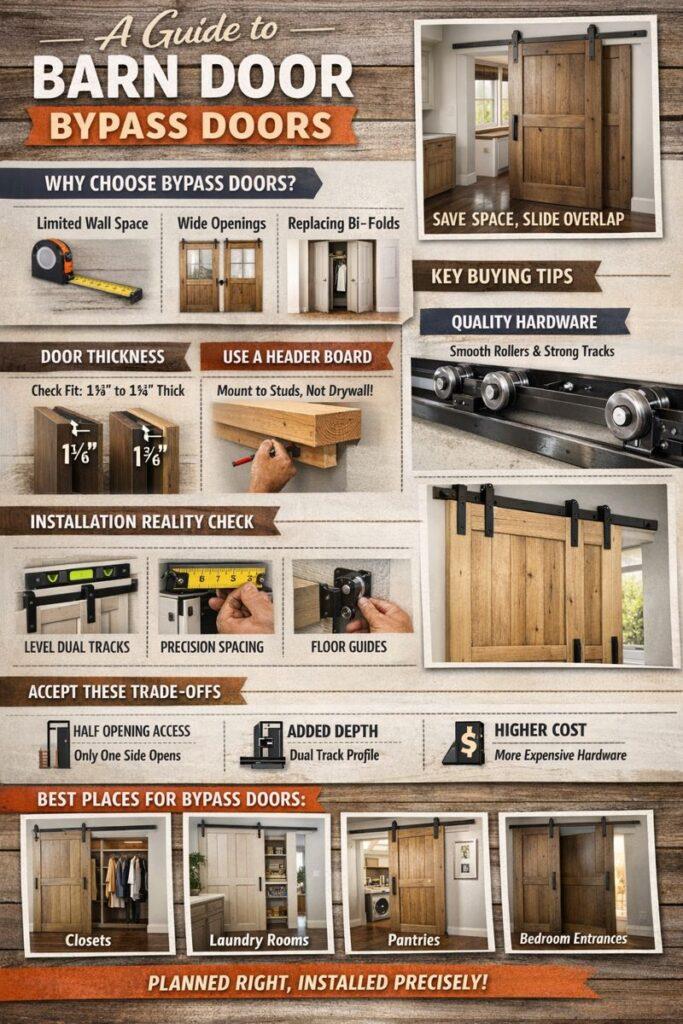 Infographic Explaining Bypass Barn Door Installation Process, Materials, Needed, Cost