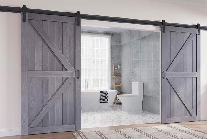 Grey Sliding Barn Door Kit with 2 Weathered Grey Door Panels and Track Rail Hardware