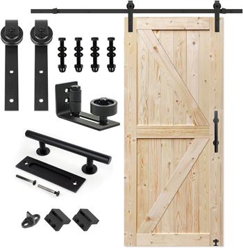 Unfinished Natural Wooden K Barn Door Kit Includes Metal Hardware, Track and Black Door Handle
