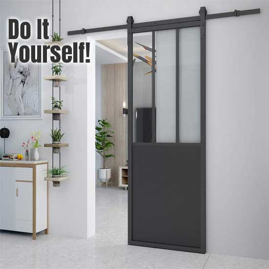 Metal and Glass Barn Door Kit with Industrial Steel Look