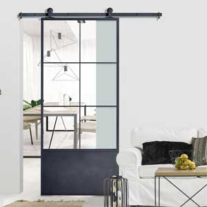 Metal and Glass Sliding Barn Door with Track Railing Kit