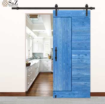 Blue Stained Wood Interior Barn Door with Contemporary Paneling - High End Custom Look with Budget-Friendly Price for DIY
