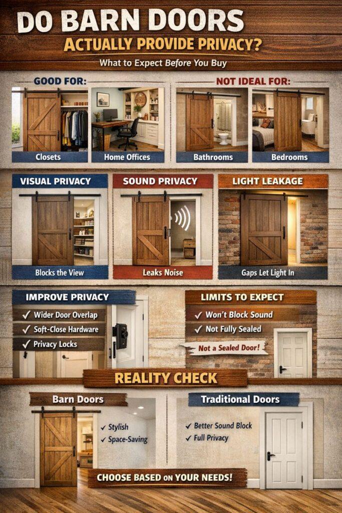 Infographic Explaining What to Expect for Sound, Visual and Light Privacy on Sliding Barn Doors